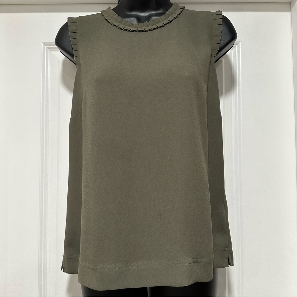 J.Crew Olive Green Sleeveless Tank Pleated Trim Women’s Dress Top Size 2